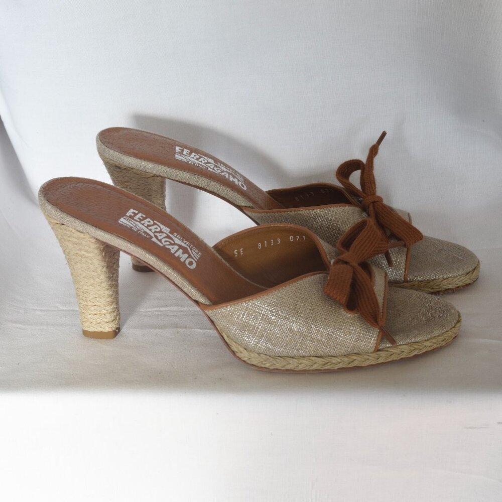 Salvatore Ferragamo Beige Canvas & Brown Bow Heel Sandals